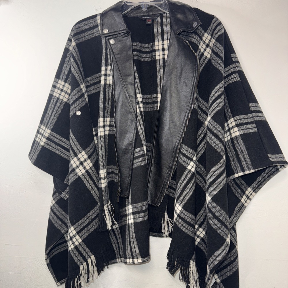 Rock & Republic Plaid Moto Style Cape Poncho w/Faux Leather 15% Wool Size XS/S